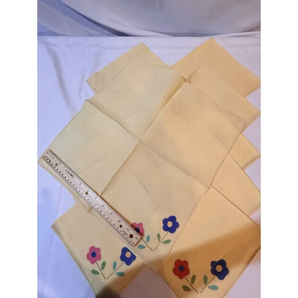 Vintage Linen Luncheon Napkins Set of 8 14x14 Appliqué Flower Floral Mid Century